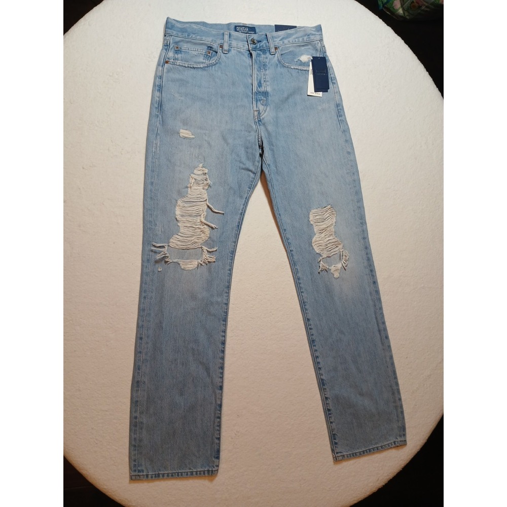 NWT Polo Ralph Lauren Relaxed Straight Jeans 28 Distressed Ripped Concept Blue